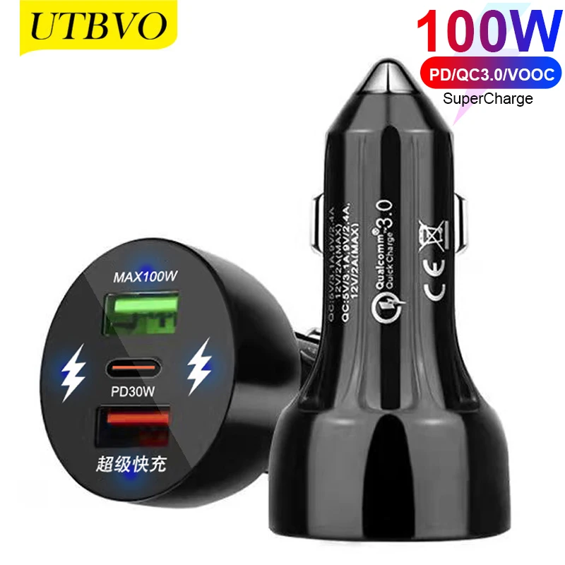 

UTBVO 100W FlashCharge USB Car Charger 3port PD USB-C QC3.0 66W Super Fast Charging Car Adapter for Galaxy Xiaomi Huawei