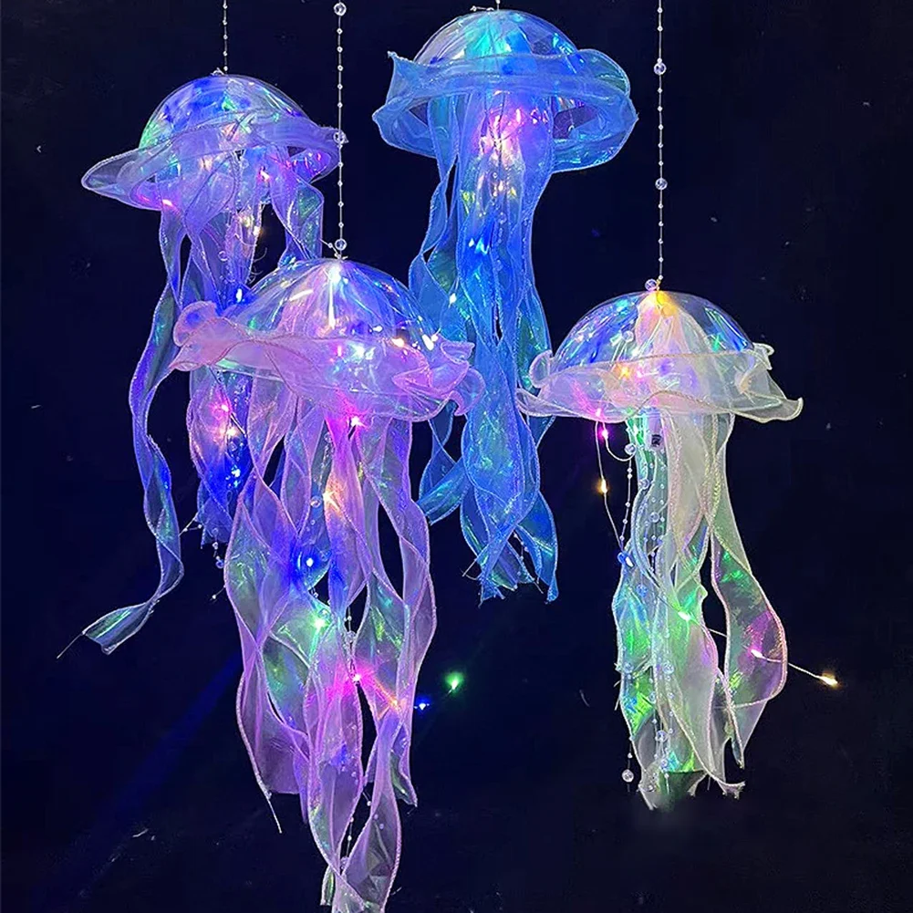 Jellyfish Colorful Nightlight Button Battery Hanging Ceiling Lantern with Ribbon&Bead LED Bulbs for Children Bedroom