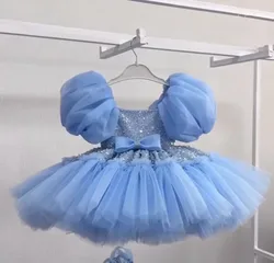 Vestido de flores rosa y blanco para niña, vestido de princesa de manga corta con cuentas hinchadas y lentejuelas para boda, primera comunión, cumpleaños infantil