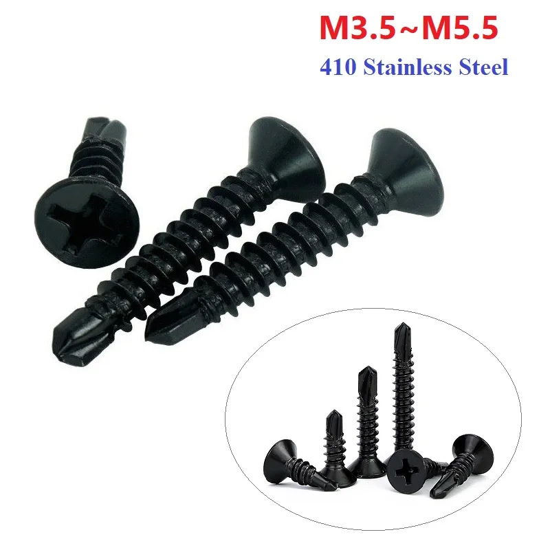 Black 410 Stainless Steel Cross Recessed Flat Head Self Drilling Screws M3.5 M3.9 M4.2 M4.8 M5.5 Self Tapping Tail Screw