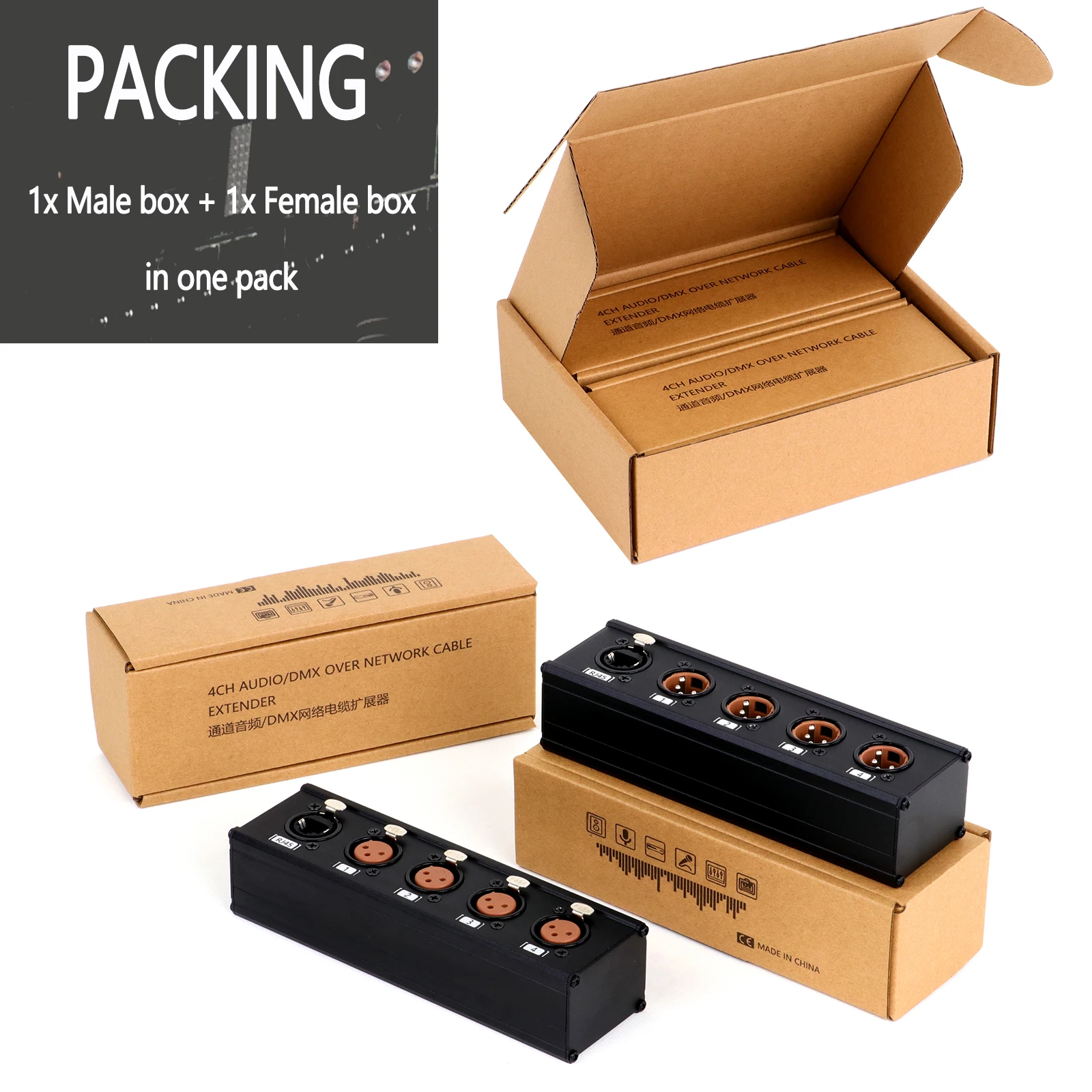 STP RJ45 CAT5 to 4-Channel 3Pin XLR/6.35mm Audio And DMX Over Network Cable Extender,DMX512 Network Signal Extender Male+Female