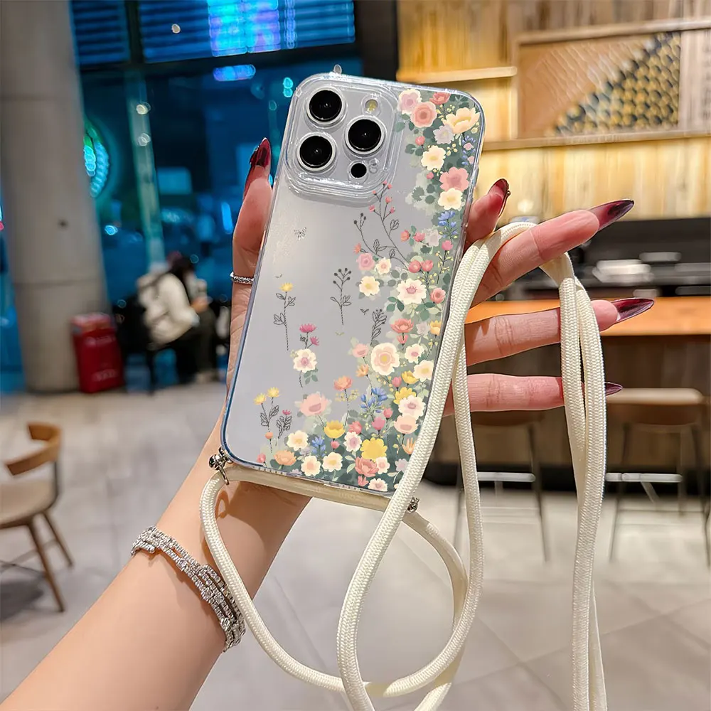 Crossbody Lanyard Strap Phone Case For iPhone 17 16 15 14 13 12 11 Pro XS Max X XR 7 8 Plus Air 17e 16e Color Flower Print Cover
