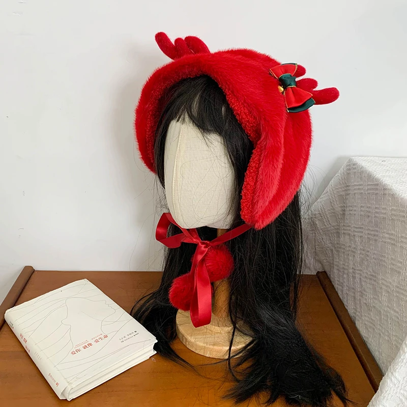 Christmas Atmosphere Cute Antlers Red Plush Earmuffs for Women Winter Leisure Warm Ear Protection Versatile Straps Headband