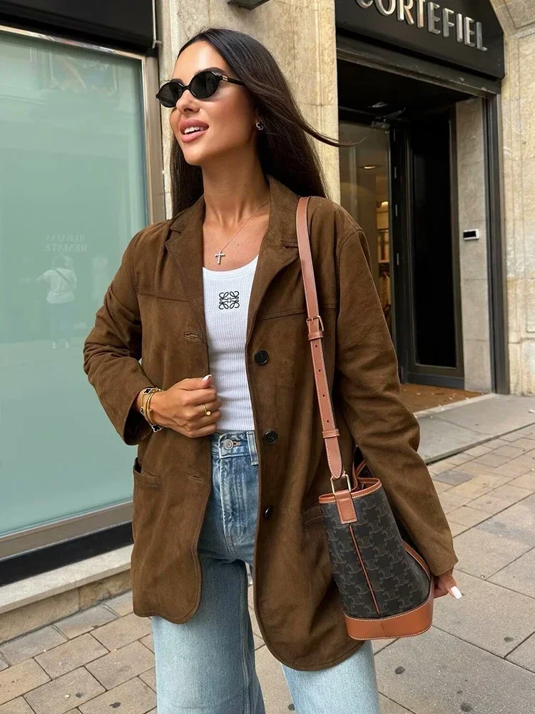 Chicheca Turn Down Collar Brown Autumn Jacket for Women Casual Single Breasted Long Coat Jacket Female Winter Jacket Back Slit