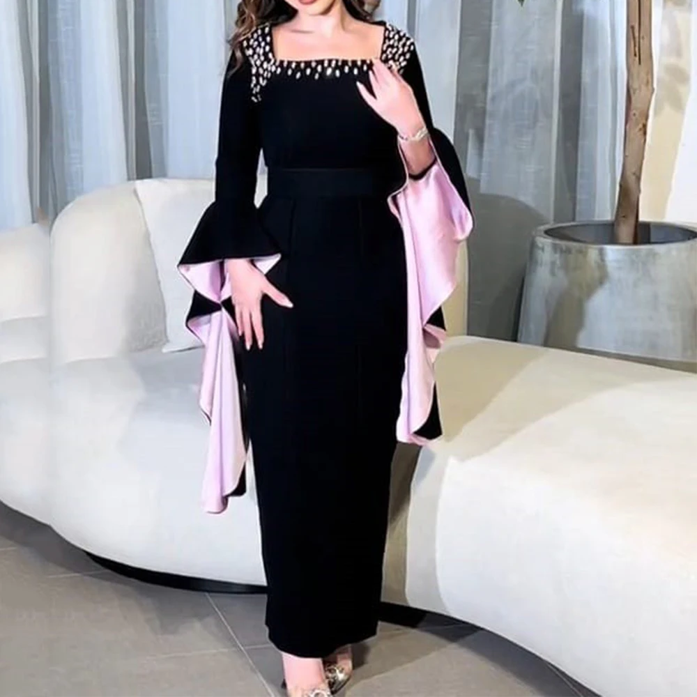 

Ankle-Length Evening Dress Classic Jersey Square Collar with Diamond Decoration and Flare Long Sleeves Women Party Banquet Gowns