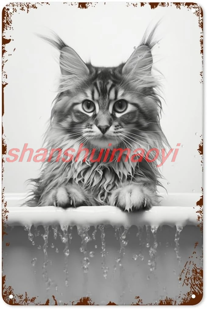 Maine Coon Cat Bathtub Tin Sign Art Poster Metal Home Bathroom Decor Animal Decor Man Cave Vintage Wall Decor Christmas  SHANSUI