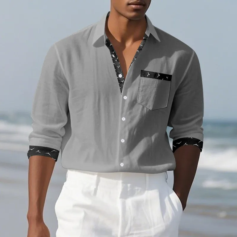 Outono e inverno novo linho de manga comprida camisa masculina simples impresso lapela casual topo masculino