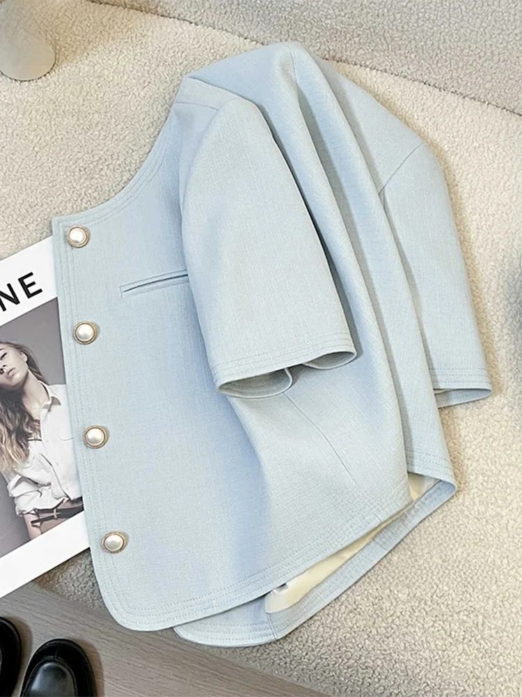 

Blue ort Sve Suit Jaet Women's Summer Faionable Slim Fit Lightweight Top Outerwear Commute Sle round Ne Button