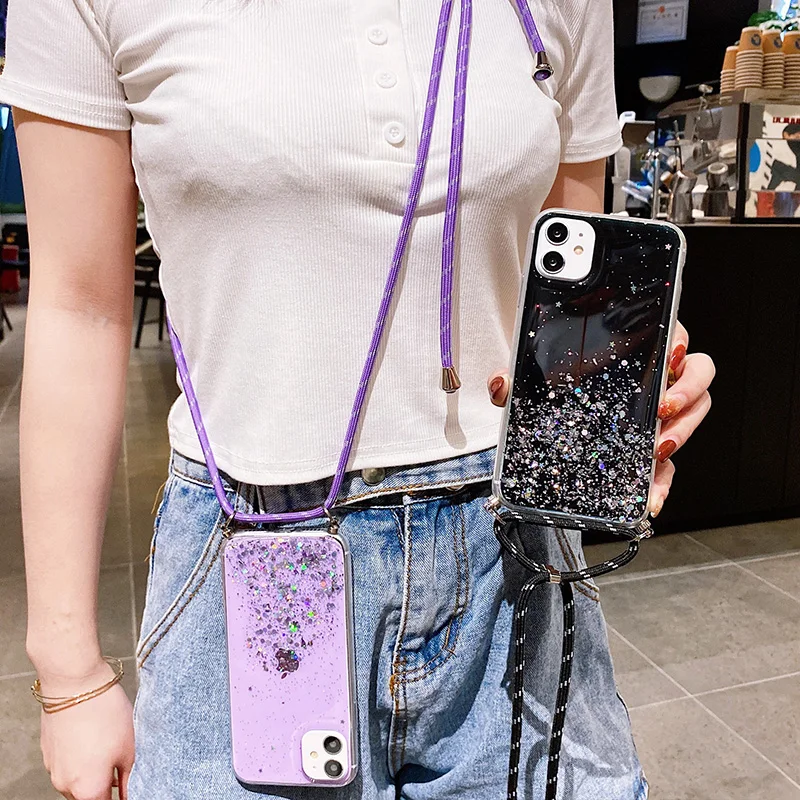 Crossbody With Lanyard Clear Glitter Epoxy Phone Case For Samsung Galaxy S24 S23 S22 S21 A53 A52 A32 Soft Cover