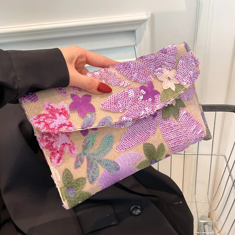 

Embroidery Evening Bags Sequins Bling Clutch Bag Straw Envelope Bag Floral Pattern Handbag Wedding Party Cotton and Linen Wallet