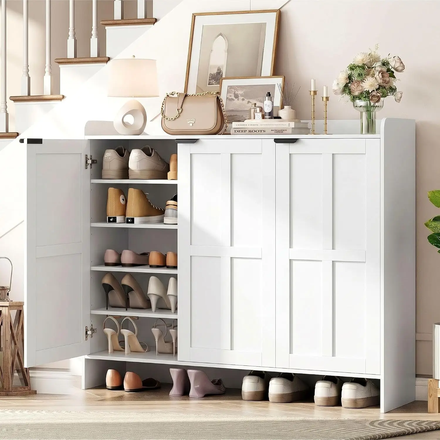 Farmhouse Shoe Cabinet 4 Adjustable Shelves Wooden Entryway Organizer White, Customized