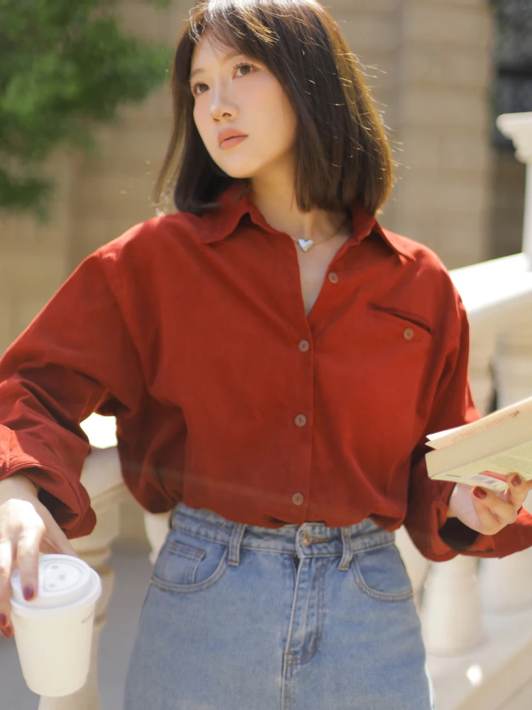 

Осенне-зимняя повседневная блузка Ohmyloli Bury Wine из тонкого вельвета свободного кроя во французском стиле, длинный рукав, хлопок