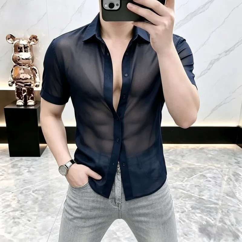 Ultra-Thin Summer Men's Short-Sleeve Shirt Casual Pure Color Trendy Fashionable Thin Veil Shirt Lightweight Luxury Minimalist