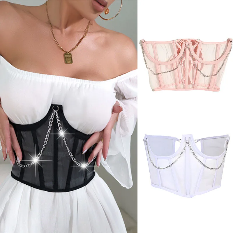 Corsetto da donna Sexy Wrap Chest Lace Splicing cintura a vita sottile vita alta Harajuku Vintage Mesh See Through Waist Shaper corsetti