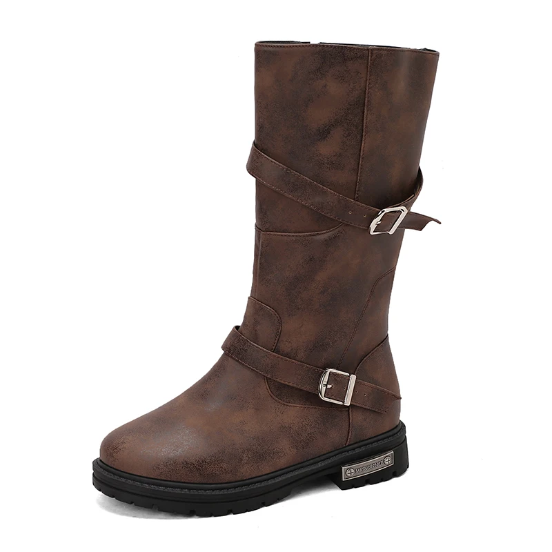 

Women's Mid Calf Boots Classic Distressed Brown Black Shoes Leather Motorcycle Engineer Riding Biker Boots Size 35-48