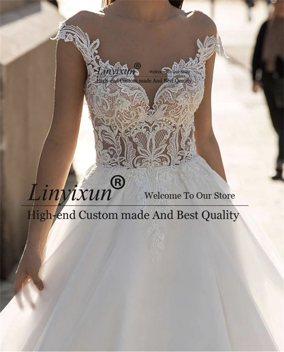 Elegant A-Line ชุดแต่งงาน Sweetheart ปิดไหล่ลูกไม้ Appliques ลูกปัดชุดเจ้าสาว Backless Sweep Train Robe De Mariée