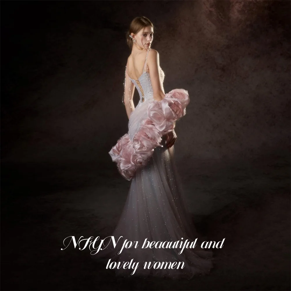 NFYN Blush Pink Party Dress Spaghetti Strap Sleeveless Lace Up Back Evening Dress Wrap Hips فساتين السهرة for Wedding Customized