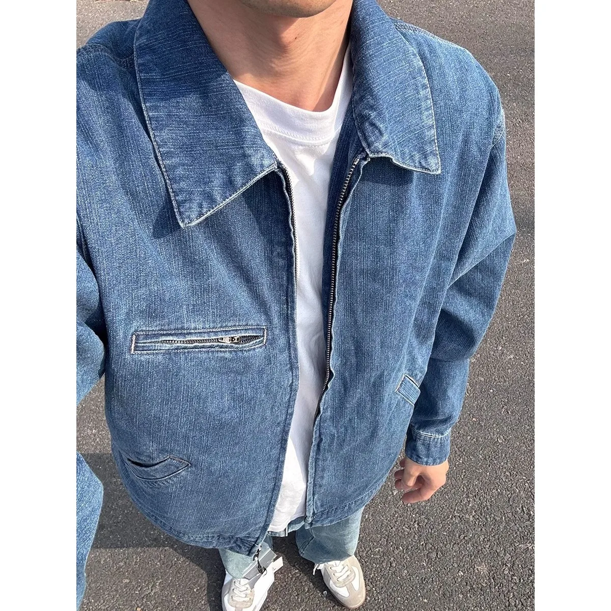 

Loose Fit Men's Denim Jaet Autumn Winter plus Size Workwear Casual Long Sve irt American Sle Polyester Fiber