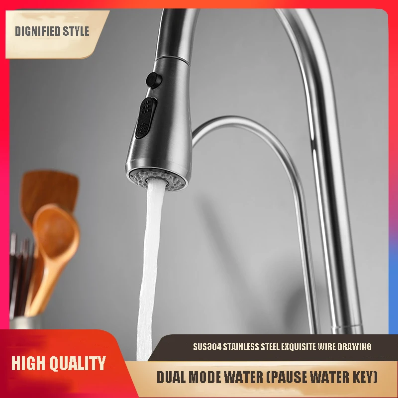 New Kitchen Pull-Out Sink Hot And Cold Rotating Three-In-One Stainless Steel Kitchen Pull-Out Pot Faucet