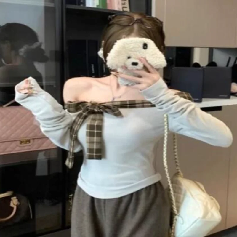 

Womens T Shirt Thickened Slimming Winter Base Layer Inner Wear Patchwork Lace Up Off Shoulder Sexy Tops Women's Clothing Fashion