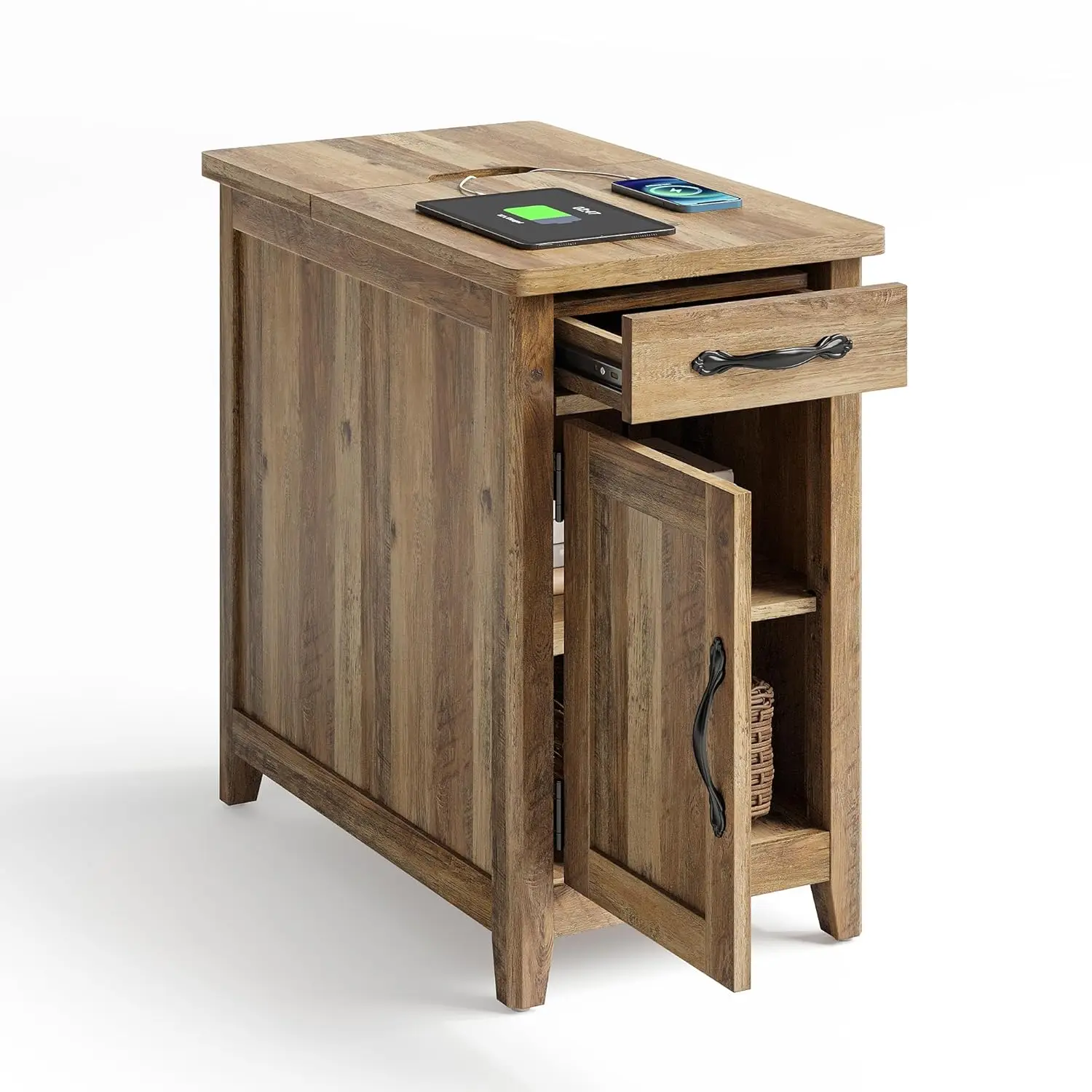 

Farmhouse End Table with Charging Station, Narrow Side Table Drawer Storage Cabinet for Living Room Home Office, Customized