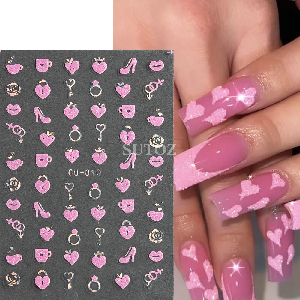 Pink Glitter Nail Stickers, 3D decalques de unhas, Laser Design, Manicure Decor, Dia dos Namorados, Coração, Estrelas, Flores, Y2K, NLCU-012, 2024