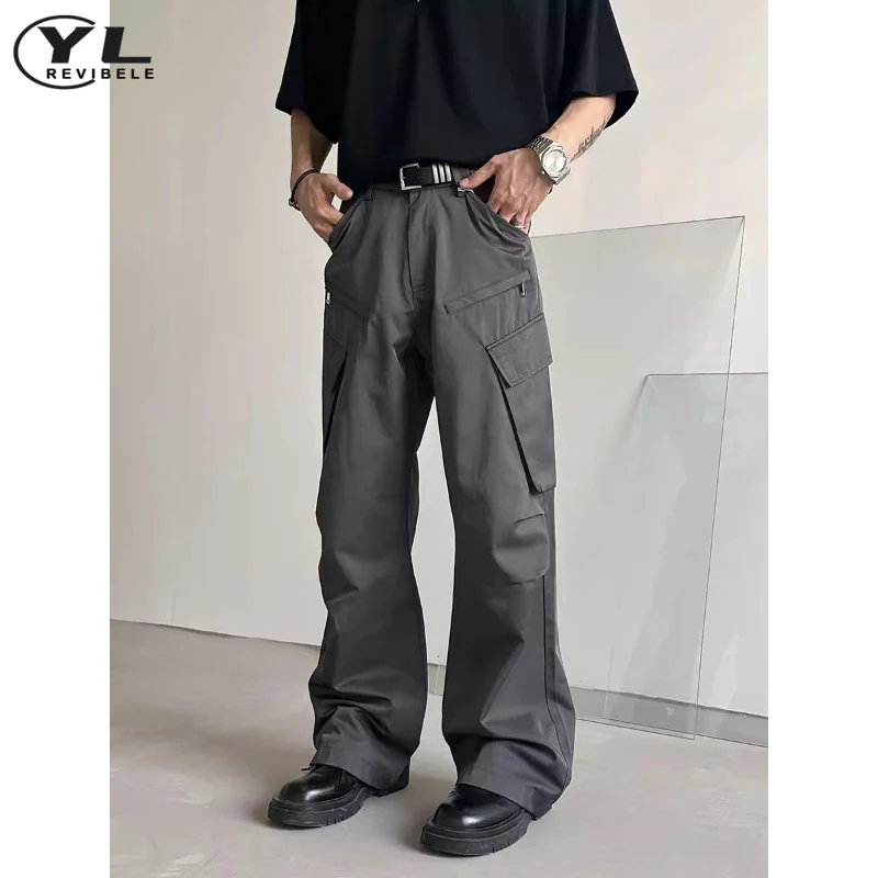 Grey Cargo Pant Men American Vintage Spring High Waisted Straight Pants Multi Pocket Baggy Casual Male Wide Leg Trousers Summer