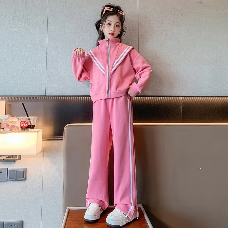 

Spring Autumn Junior Girl Sport Suit Teenager Girl Striped Zipper Sweat Jackets+Straight Pants School Girl Tracksuit 4-12Yrs