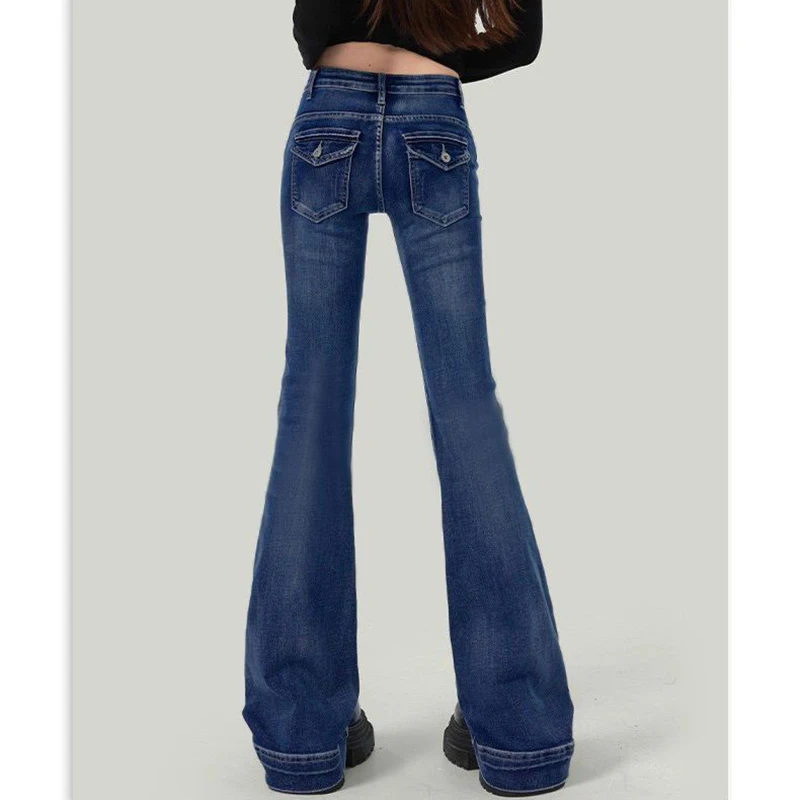 กางเกงยีนส์เอวต่ำทรงขาบานสไตล์เกาหลีสำหรับผู้หญิง แฟชั่นลำลอง ทรงตรง