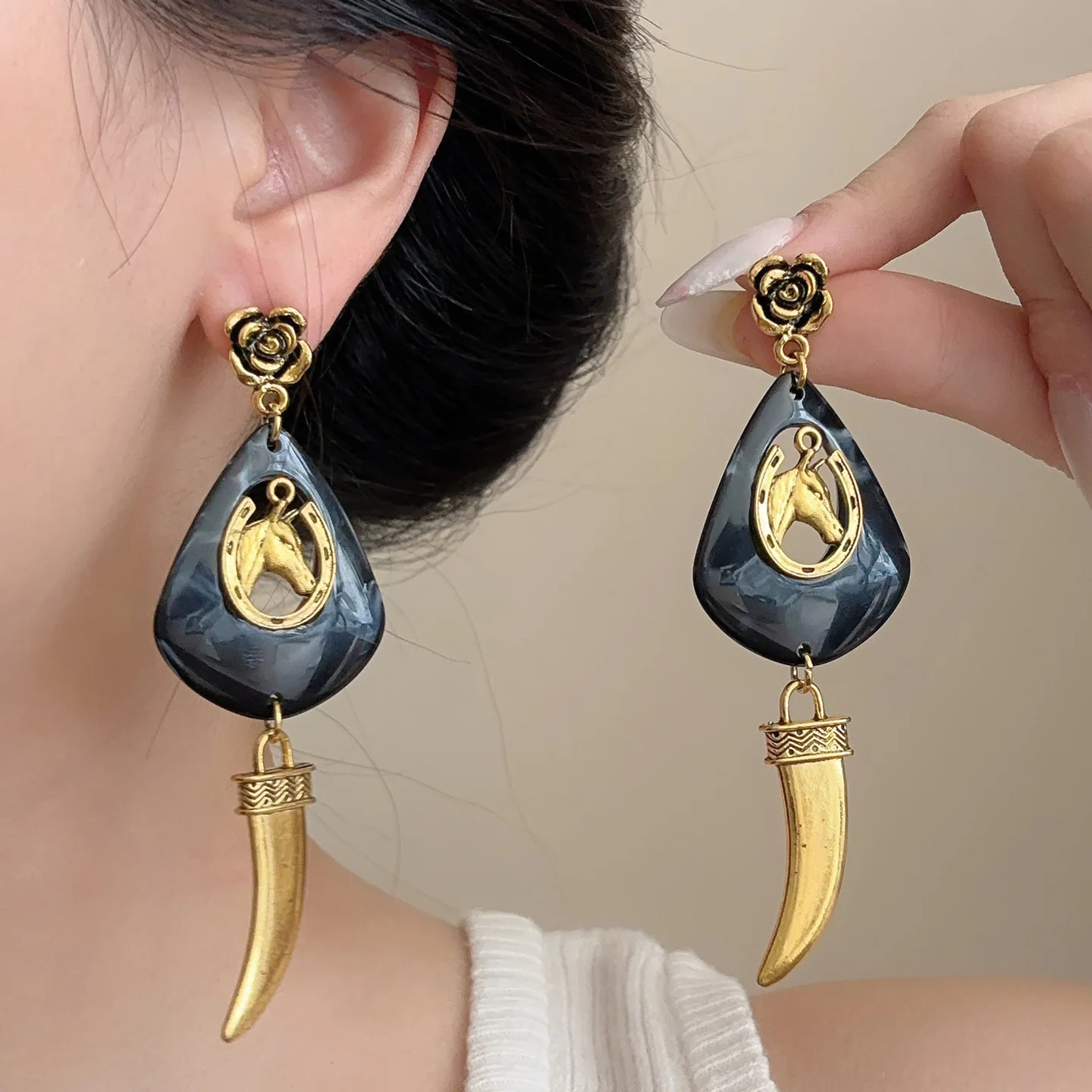 European & American Exaggerated Long Dangle Earrings - Flower & Horse Head Fangs Pendant, Unique Statement Earrings for Women