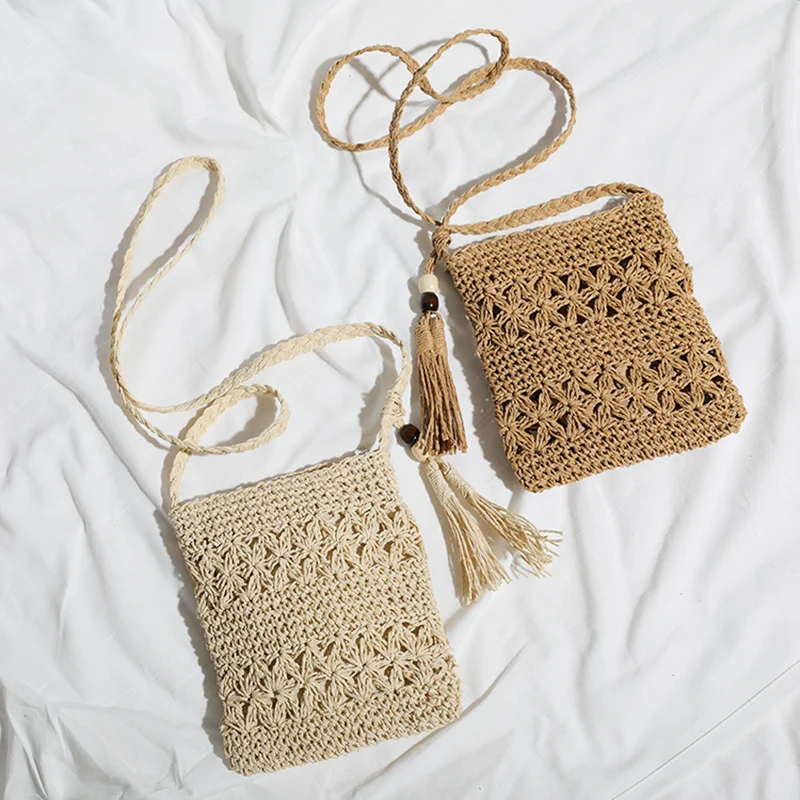 Women Beach Woven Straw Shoulder Messenger Bag with Tassel Boho Hollow Out Crochet Crossbody Handbag Macrame Clutch Purse