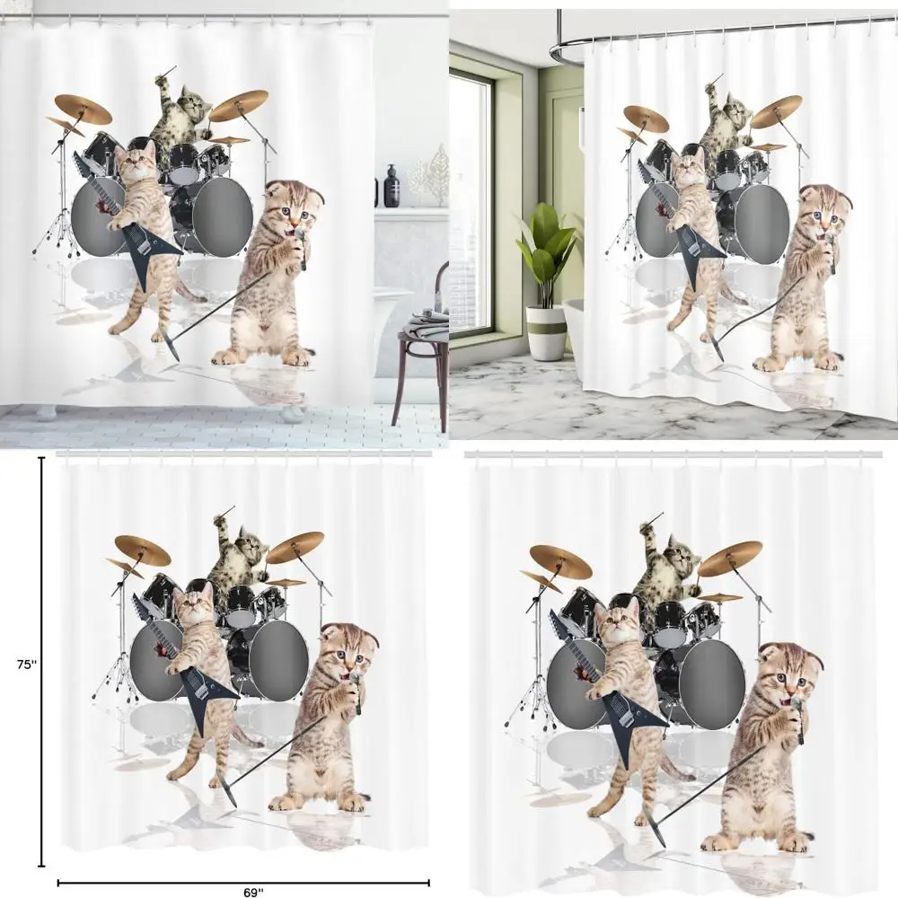 

rocker kittens band shower curtain - artful cats singing and playing guitars, fabric bathroom decor