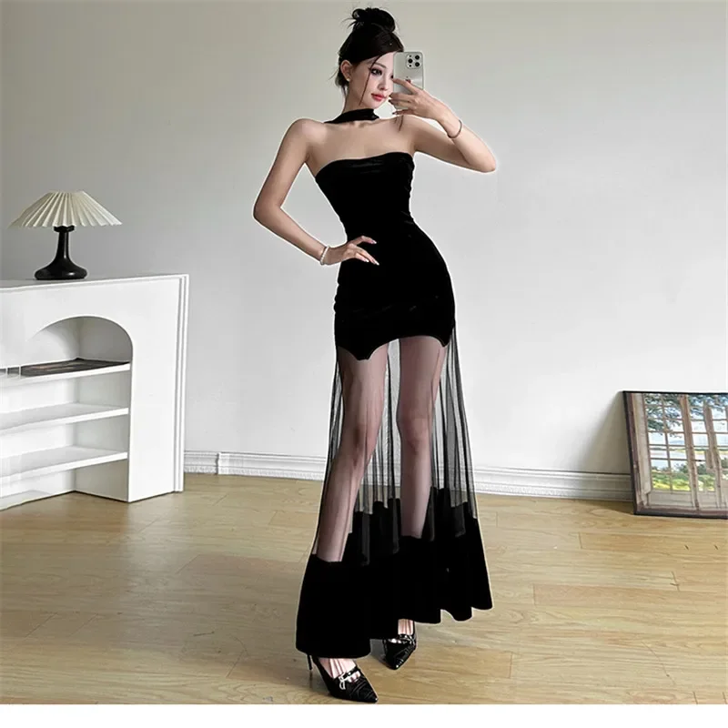 New Summer Fashion Black Sheer Mesh Tail Party Dress Hotsweet Sexy Strapless Holiday Dress Slash Neck Velvet Bodycon Photo Skirt