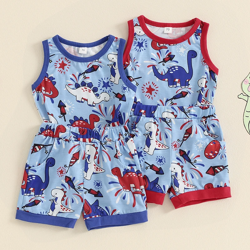 

2024-04-19 Lioraitiin Baby Boy Summer Outfit Dinosaur Print Round Neck Tank Tops Elastic Waist Shorts 4th of July Set