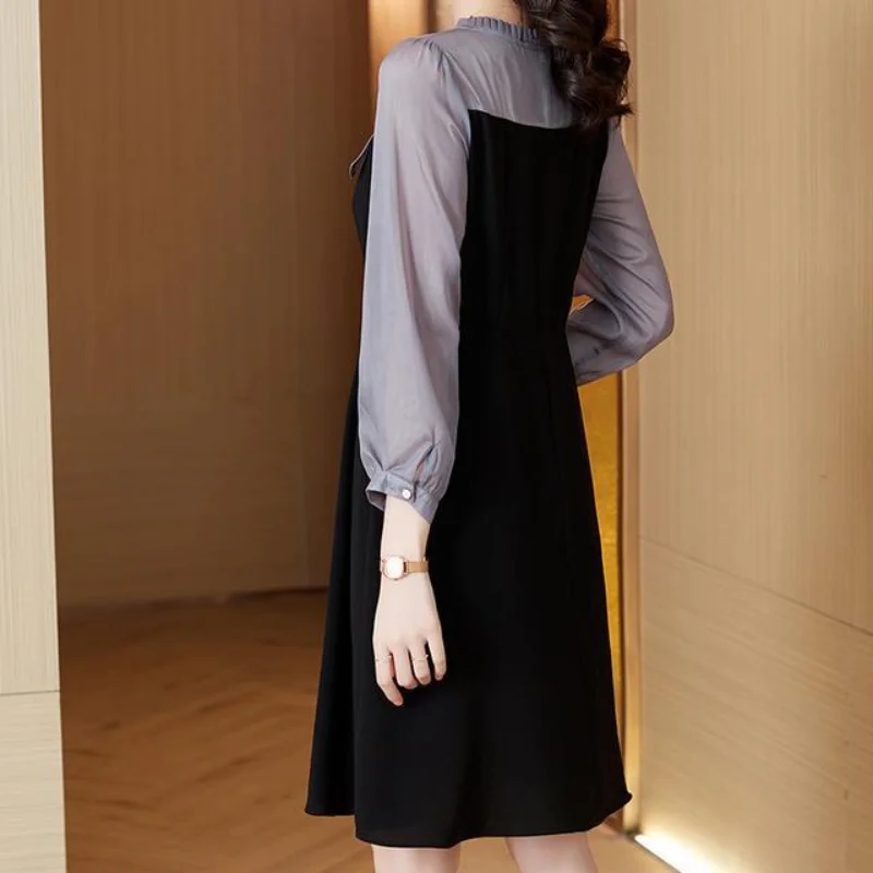 Vestido de chiffon de manga comprida para mulheres novas roupas de outono, cintura abraçando, estilo de comprimento médio