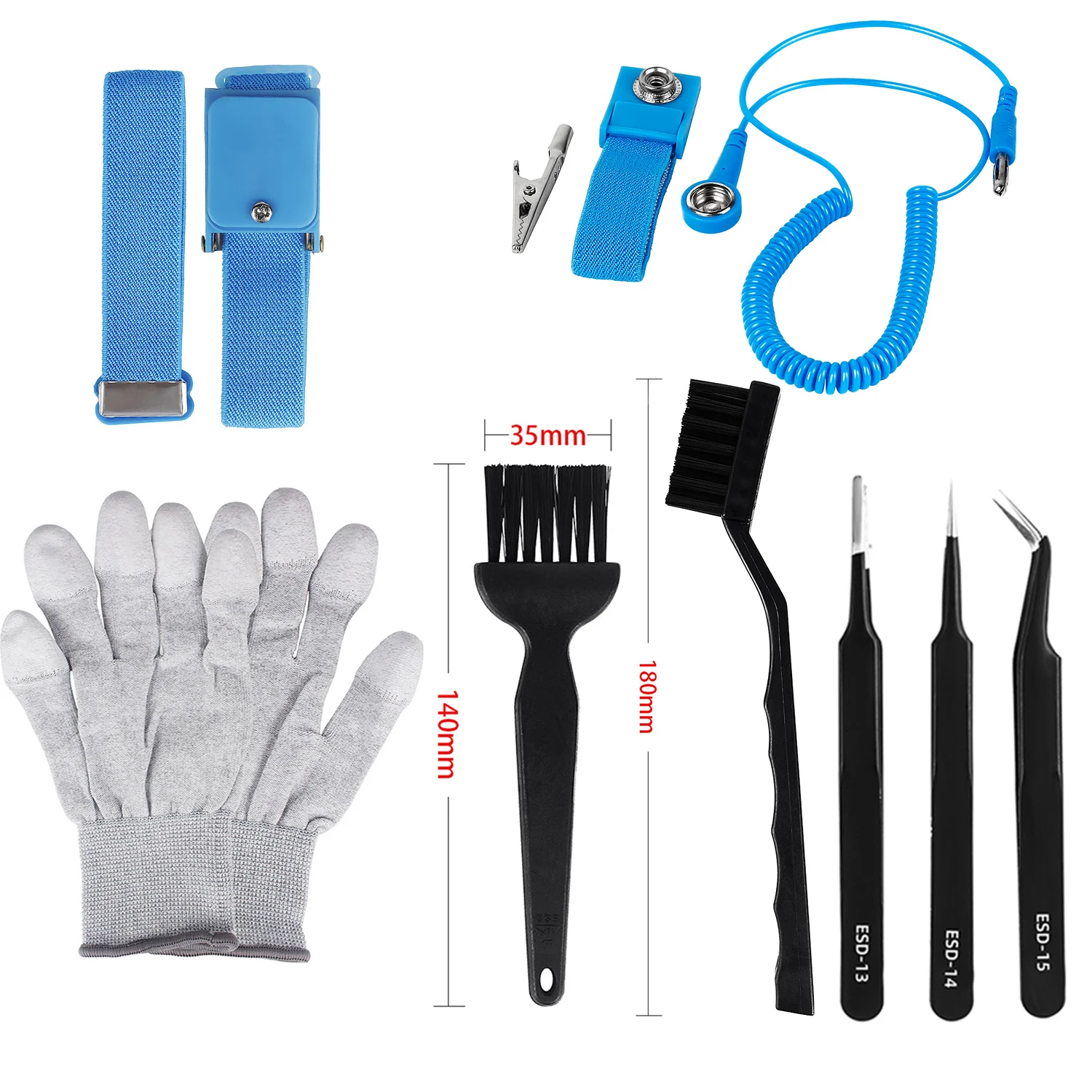 8Pcs Anti Static ESD Tools Kit ESD Tweezers Gloves Wrist Band Durable Anti Static Bracelet Brushes For Electronics Cars Repair