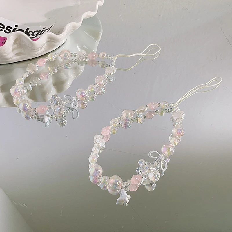 Transparent Powder Beaded Butterfly Cloud Phone Strap Lanyard Anti Loss Bag Camera Lanyard Accessories