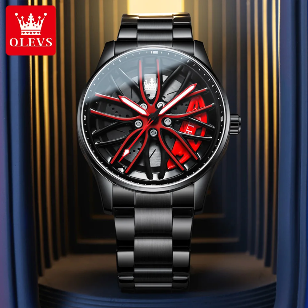 OLEVS-Reloj de pulsera de acero inoxidable para hombre, nuevo accesorio de pulsera de cuarzo con esfera giratoria hueca 3D, luminoso, color negro,