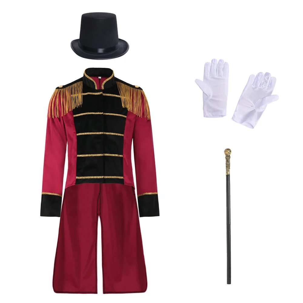 

Circus Ringmaster Lion Tamer Jacket Long Sleeve Tassels Tailcoat Halloween Costume Hat and Gloves Outfits Stage Outfits