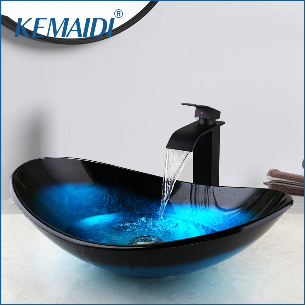 

KEMAIDI Bathroom Basin Sink Faucet Combo Tempered Glass Sinks with Waterfall Faucets Blue Veseel Sink Washbasin Mixer Set