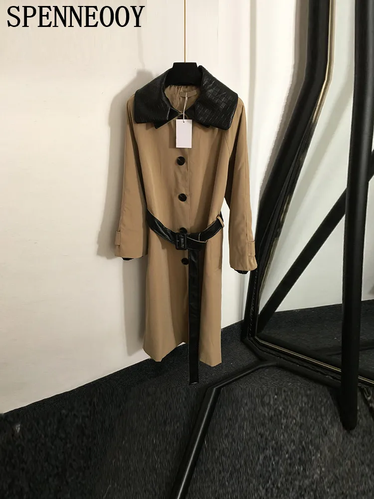 

SPENNEOOY Fashion Runway Autumn Camel Long Style Trench Coats Women's Detachable Leather Turn-down Collar Long Sleeve Overcoat