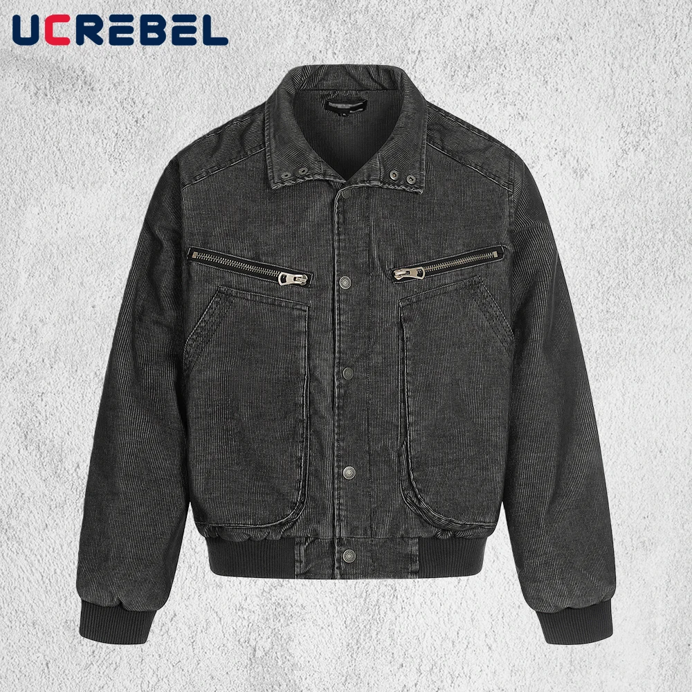 

Big Pocket Corduroy Jacket Mens Autumn Winter Retro High Street Distressed Single Breasted Cargo Outerwear Man