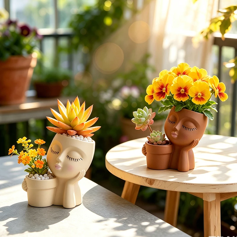 Maceta de Resina con Diseño de Chica con Ojos Cerrados, Contenedor Doble con Forma de Rostro de Dama para Cactus y Plantas Colgantes, Decoración para el Hogar y Escritorio
