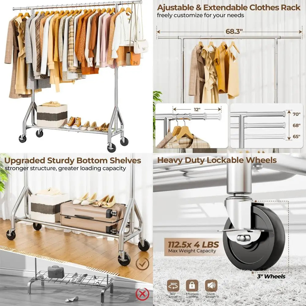 

Heavy-Duty Metal Rolling Garment Rack for Hanging Clothes, Supports Up to 450lbs, Sturdy Wheels for Easy Movement