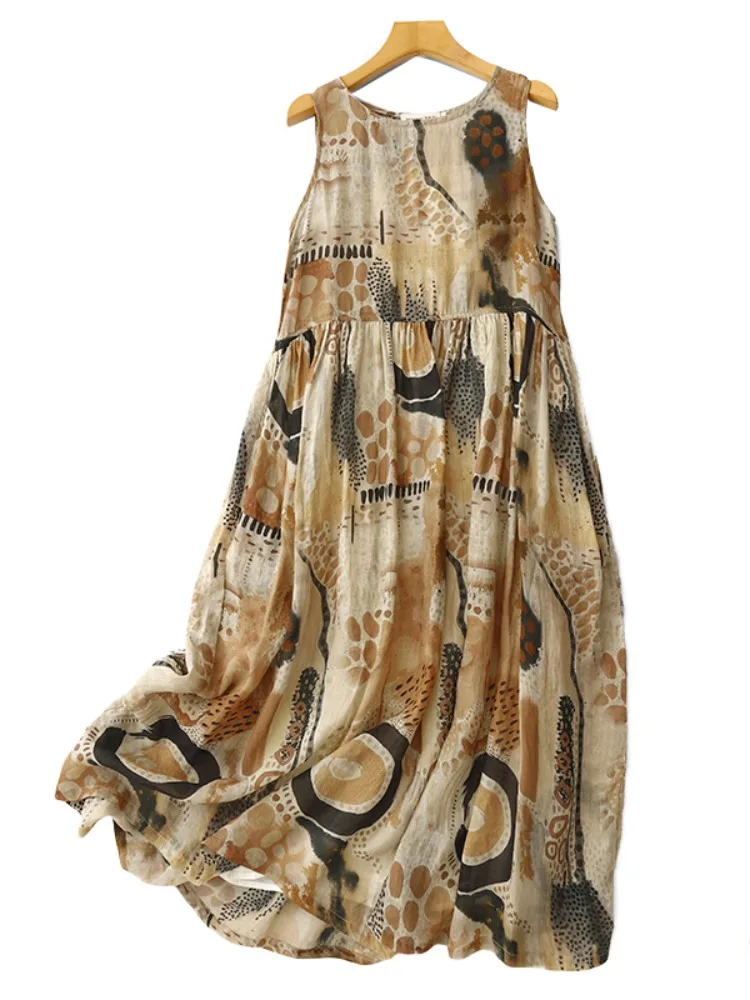 Gute Qualität Vintage Print Baumwolle Leinen Kleid Frauen Sommer Mode Ärmellose Lose Beiläufige Bequeme Kleid Mädchen Urlaub Kleid