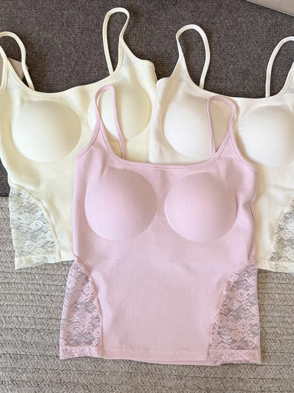 Women's Lace Crop Top Strap Vest Integrated Pad Side Hollow out Comfortable Inner Wear Sexy Back Slim Fit Base Shirt
