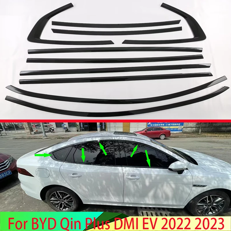 For BYD Qin Plus DMI EV 2022 2023 Piano Black Body Styling Stick Stainless Steel Window Garnish Window Strip Trim