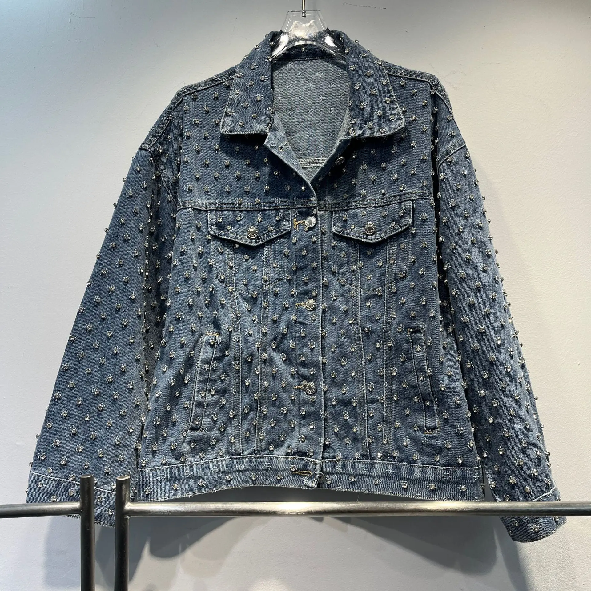 [ZOCI] version heavy industry diamond studded denim lapel jacket autumn new trend, stylish high-end casual