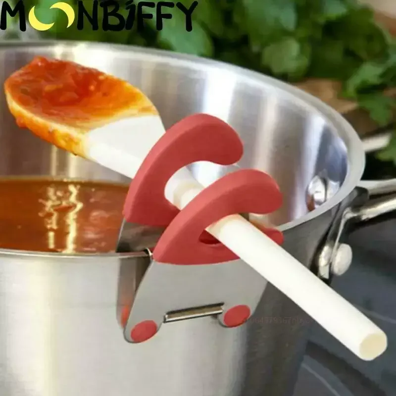 1Pcs Stainless Steel Pot Side Clips Anti-scalding Spoon Holder Kitchen Gadgets Rubber Convenient Kitchen Tools kitchen organizer