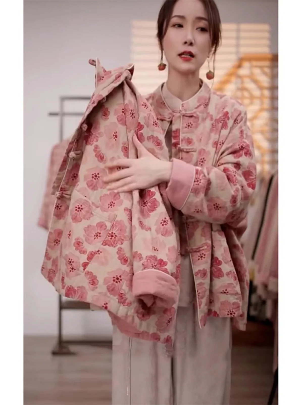 

Хлопковое пальто с воротником-стойкой Thiened, женское осенне-зимнее хлопковое пальто с флатонами в стиле ретро, теплое китайское пальто